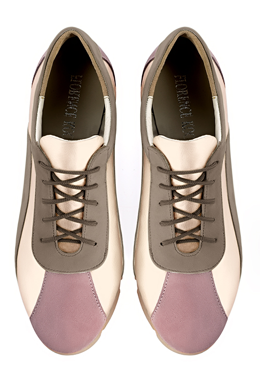 Dusty rose pink, gold and taupe brown women's three-tone elegant sneakers. Round toe. Flat rubber soles. Top view - Florence KOOIJMAN